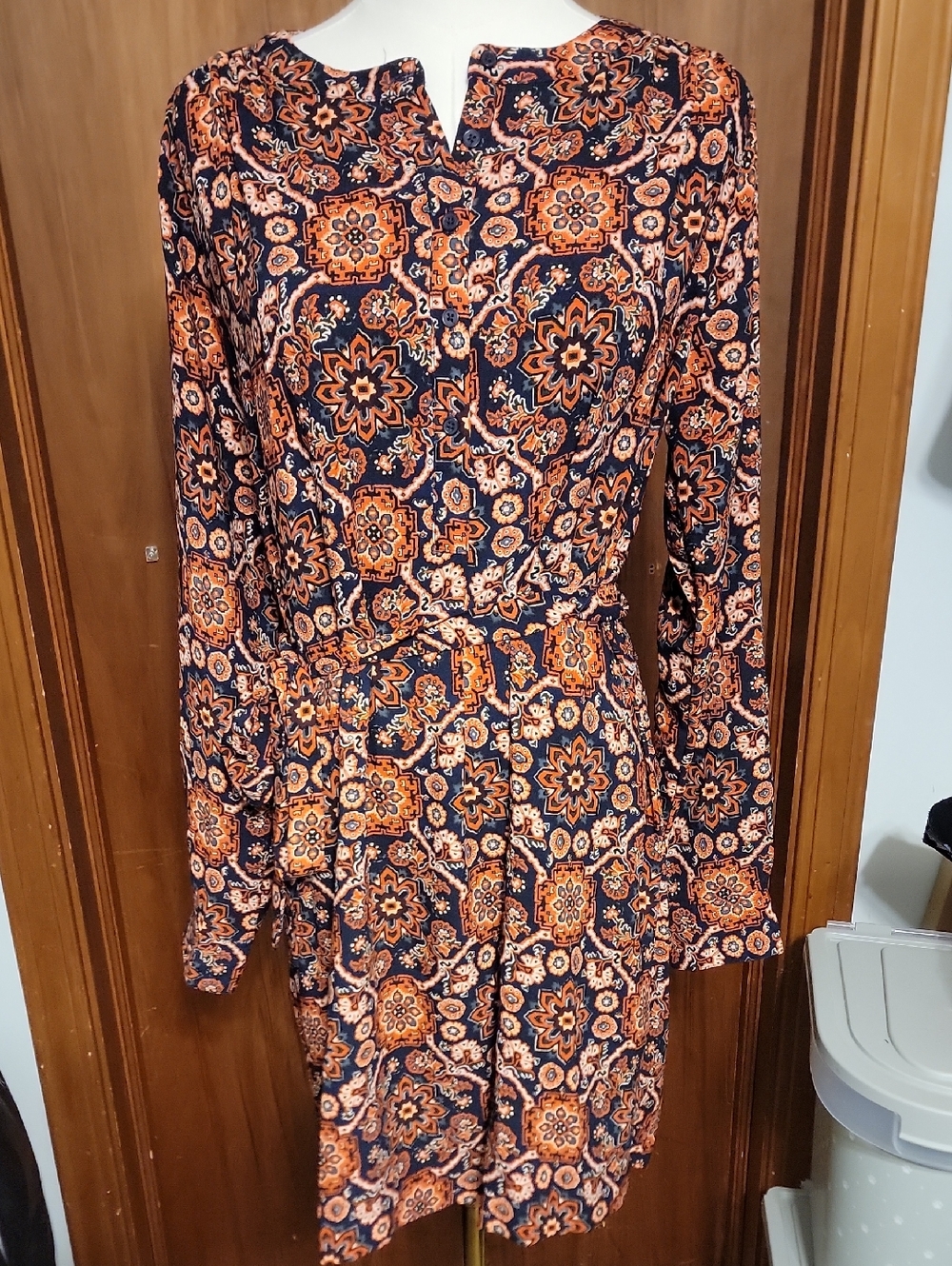 Women’s Navy and Orange Printed Long-Sleeve Dress